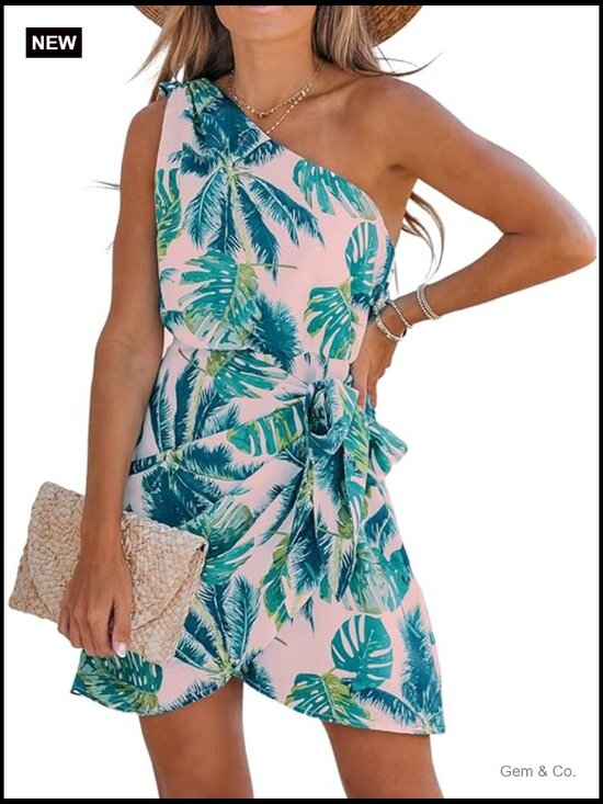 Dresses & Skirts - Women's One Shoulder Leaf Print Self-Tie Mini Dress